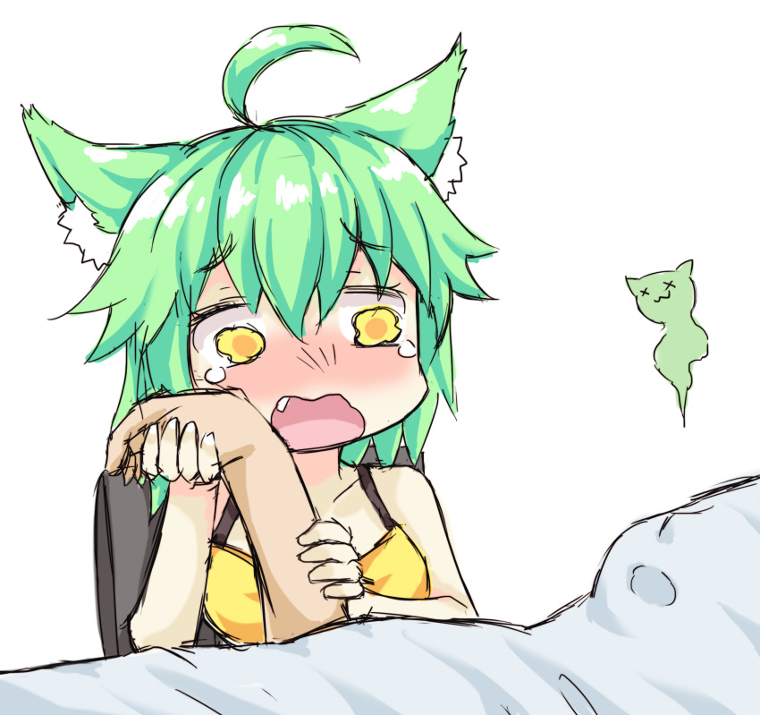 1boy 1girl :3 ahoge animal_ear_fluff animal_ears bangs blush breasts camisole cat_ears chair closed_mouth collarbone commentary eyebrows_visible_through_hair fang green_hair greenteaneko greenteaneko-chan hair_between_eyes highres holding_hand medium_breasts nose_blush on_chair open_mouth original simple_background sitting sketch solo_focus tears wavy_eyes wavy_mouth white_background x_x yellow_camisole yellow_eyes