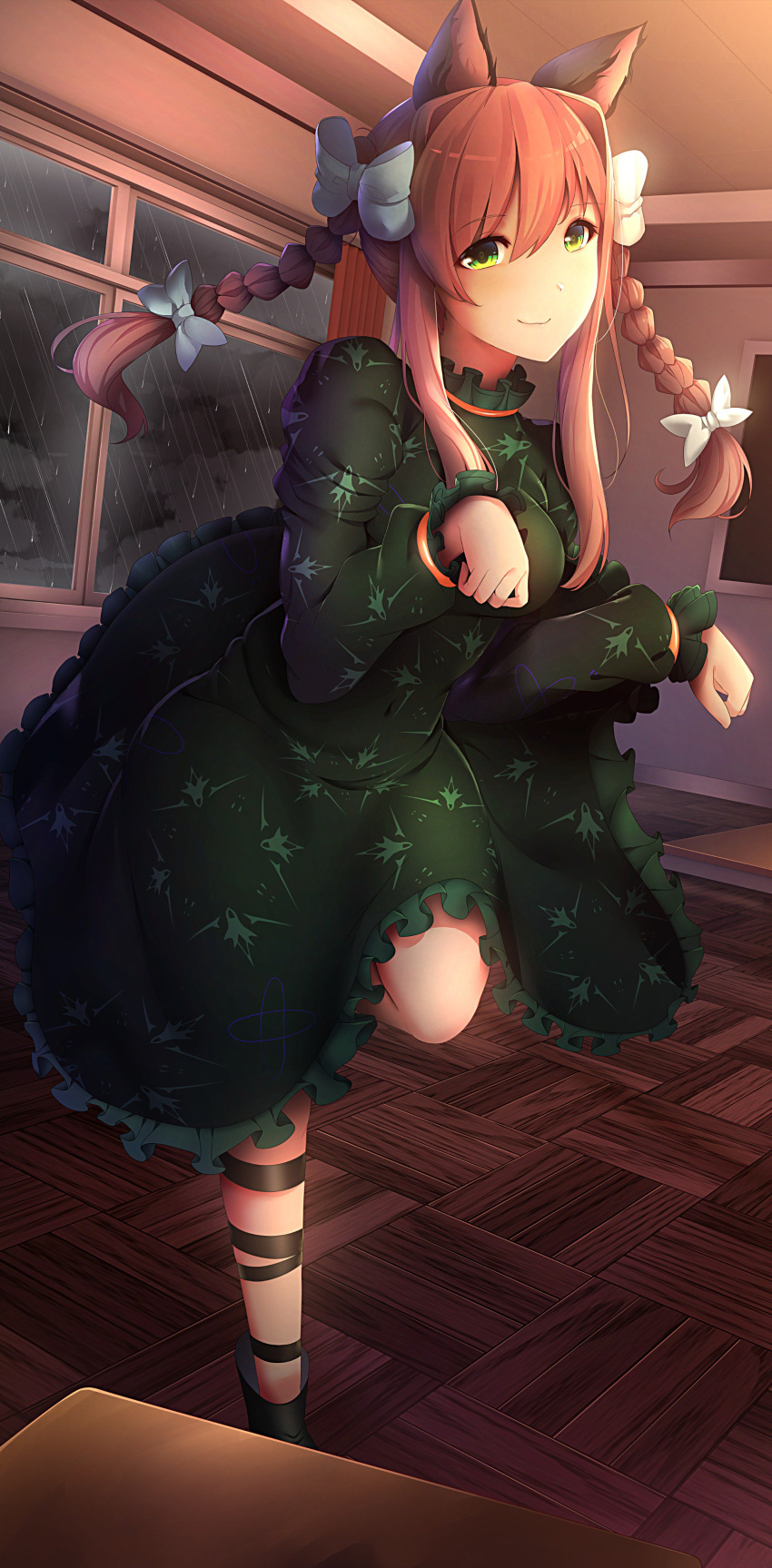 1girl absurdres animal_ears bangs bow braid brown_hair cat_ears commentary cosplay doki_doki_literature_club dress english_commentary eyebrows_visible_through_hair eyes_visible_through_hair frilled_dress frills green_dress green_eyes hair_between_eyes hair_bow highres indoors juliet_sleeves kaenbyou_rin kaenbyou_rin_(cosplay) long_hair long_sleeves looking_at_viewer monika_(doki_doki_literature_club) paw_pose puffy_sleeves rain sidelocks solo standing standing_on_one_leg touhou tsukimaru twin_braids white_bow