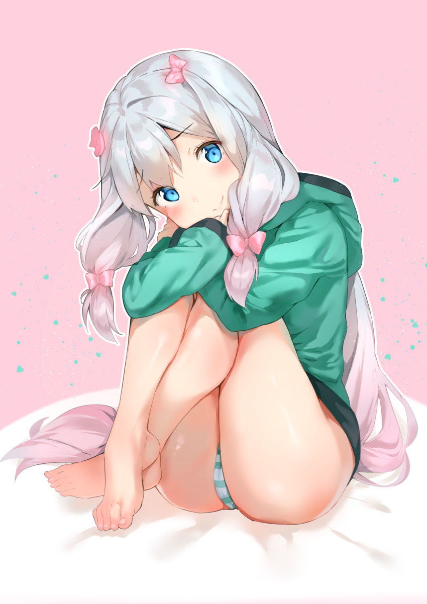 1girl ass bangs bare_legs barefoot blue_eyes blush bow cheli_(kso1564) closed_mouth commentary_request crossed_ankles eromanga_sensei eyebrows_visible_through_hair gradient_hair green_jacket hair_between_eyes hair_bow head_tilt highres hood hood_down hooded_jacket hooded_track_jacket izumi_sagiri jacket long_hair long_sleeves multicolored_hair panties pink_background pink_bow pink_hair sidelocks silver_hair sitting smile solo striped striped_panties track_jacket two-tone_background underwear very_long_hair white_background