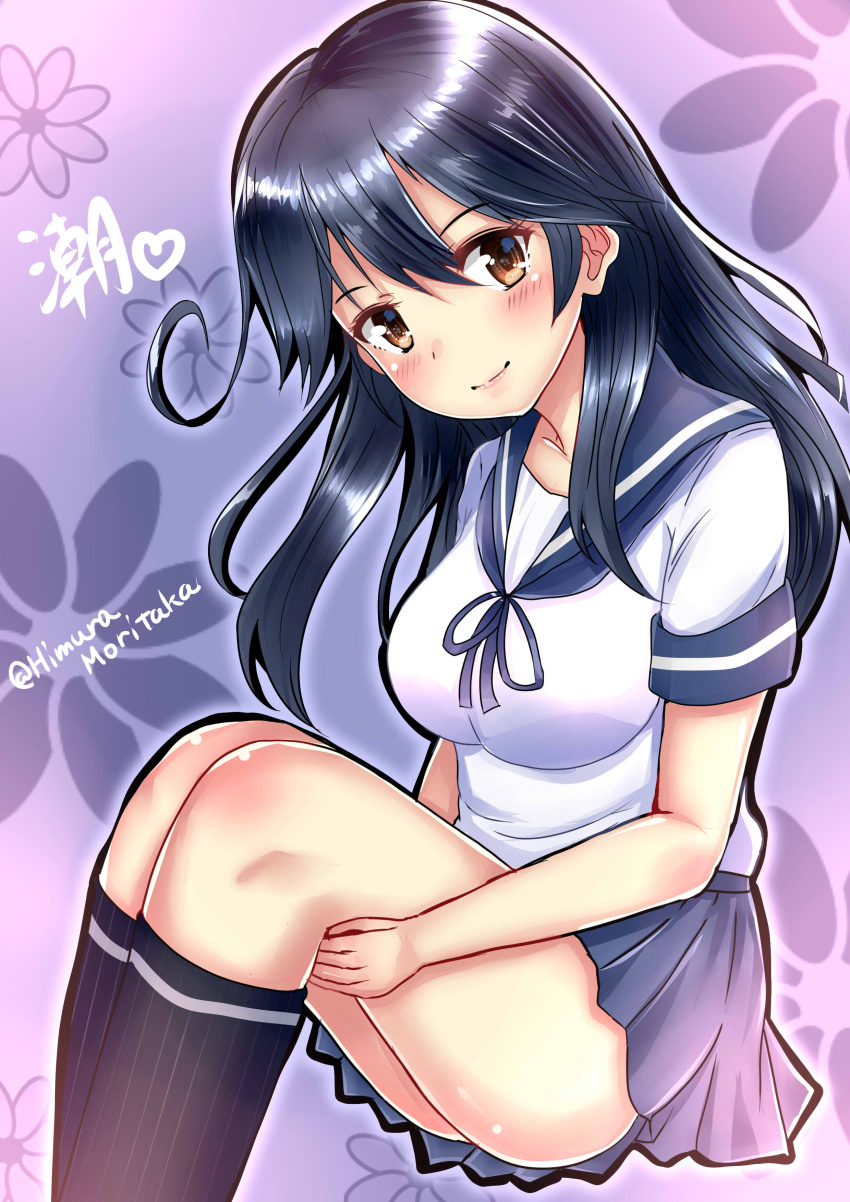 1girl absurdres ahoge ass black_hair black_legwear blue_skirt blush breasts brown_eyes character_name commentary_request fire_maxs head_tilt highres kantai_collection kneehighs large_breasts long_hair looking_at_viewer pleated_skirt school_uniform serafuku short_sleeves sitting skirt solo twitter_username ushio_(kantai_collection)