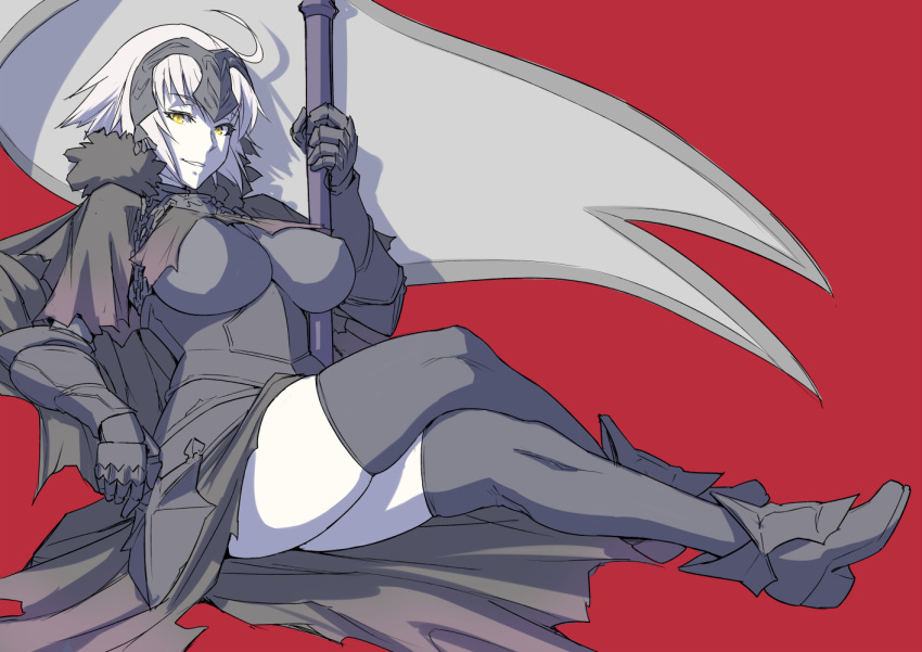 1girl armor armored_dress black_dress black_gloves black_legwear covered_nipples dress eyebrows_visible_through_hair fate/grand_order fate_(series) flag gloves holding holding_flag impossible_clothes jeanne_d'arc_(alter)_(fate) jeanne_d'arc_(fate)_(all) legs_crossed mikoyan smile thigh-highs zettai_ryouiki