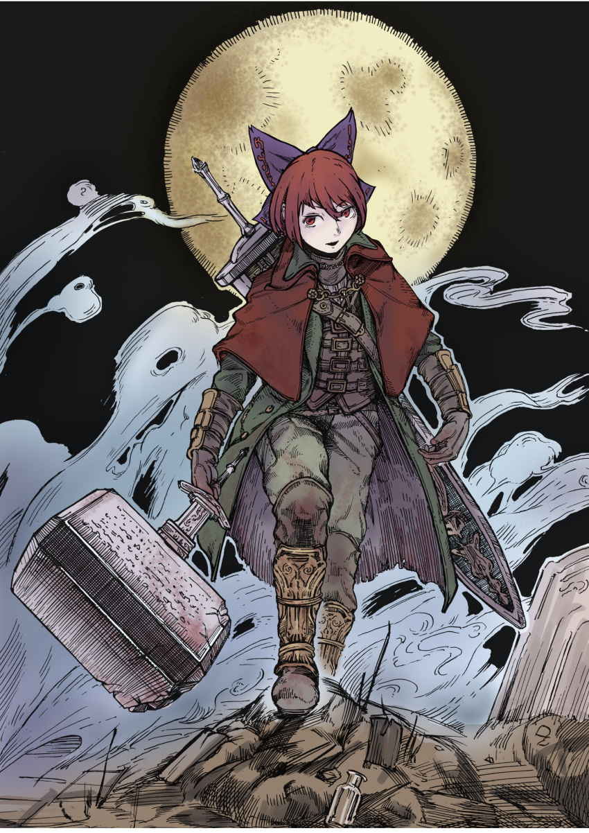1girl armor belt black_background bloodborne boots bottle bow buckle cape chains cloak commentary_request debris fog full_moon gauntlets gloves greaves hair_bow hammer highres holding holding_hammer holding_weapon knee_boots looking_at_viewer misohagi moon parted_lips red_eyes redhead scabbard sekibanki sheath short_hair solo sword sword_behind_back touhou vest walking war_hammer weapon weapon_on_back