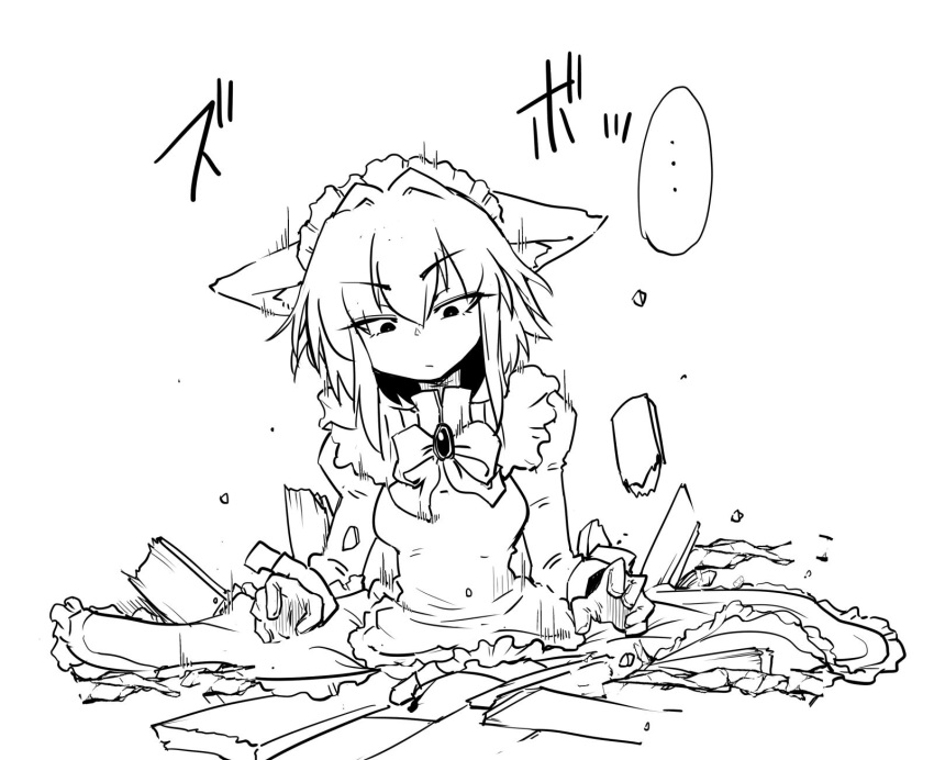 1girl animal_ears apron collapsed floor fox_ears gloves highres hole maid maid_apron maid_headdress monochrome original sakifox short_hair solo struck tail wrist_cuffs