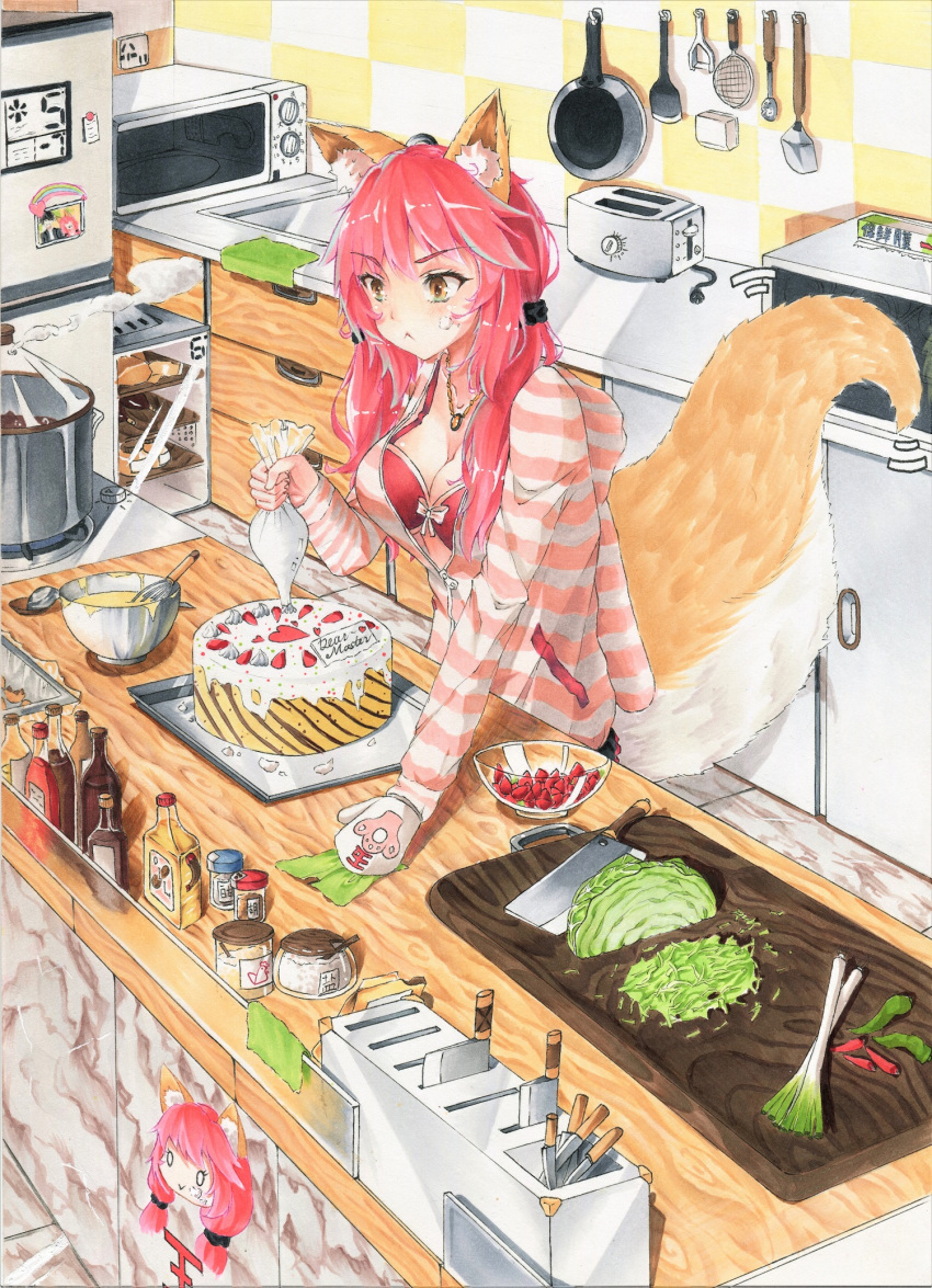 1girl :&lt; animal_ear_fluff animal_ears bangs bottle bowl bra breasts cake cleavage commentary_request counter cutting_board english_text fate/extra fate/grand_order fate_(series) food fox_ears fox_girl fox_tail fruit hair_ornament hair_scrunchie highres icing indoors jacket jewelry kitchen kitchen_knife kitchen_patissiere knife lettuce low_twintails marker_(medium) medium_breasts meme_attire microwave mittens necklace open_clothes open_jacket pastry_bag pepper photo_(object) pink_hair pink_jacket red_bra refrigerator scrunchie solo spring_onion stove strawberry striped striped_jacket tail tail_wagging tamamo_(fate)_(all) tamamo_no_mae_(fate) toaster traditional_media twintails underwear yellow_eyes yuan_long