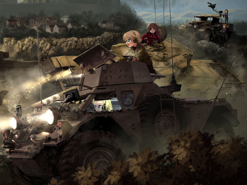 5girls arm_support assam black_legwear blonde_hair blue_skirt blue_swimsuit blurry blurry_background braid brown_eyes brown_hair bush closed_mouth commentary_request darjeeling depth_of_field dust_cloud emblem eyebrows_visible_through_hair ferret_scout_car girls_und_panzer ground_vehicle hair_pulled_back headlight headphones highres insignia jacket leaning_forward long_hair long_sleeves matilda_(tank) microphone military military_vehicle miniskirt motion_blur motor_vehicle mountain multiple_girls open_mouth pantyhose pleated_skirt r-ex red_jacket riding rukuriri school_uniform short_hair skirt smoke st._gloriana's_(emblem) st._gloriana's_military_uniform st._gloriana's_school_uniform swimsuit tank tied_hair town tree twilight vehicle_request video_camera wall