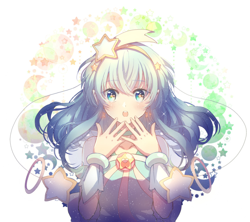 1girl aqua_hair bangs blue_eyes blush brooch choker collarbone commentary_request crescent cure_milky earrings eyebrows_visible_through_hair hagoromo_lala hair_ornament hairband hands_up jewelry lazy_orange looking_at_viewer magical_girl open_mouth precure puffy_short_sleeves puffy_sleeves see-through short_sleeves solo star star-shaped_pupils star_earrings star_hair_ornament star_twinkle_precure symbol-shaped_pupils upper_body wrist_cuffs