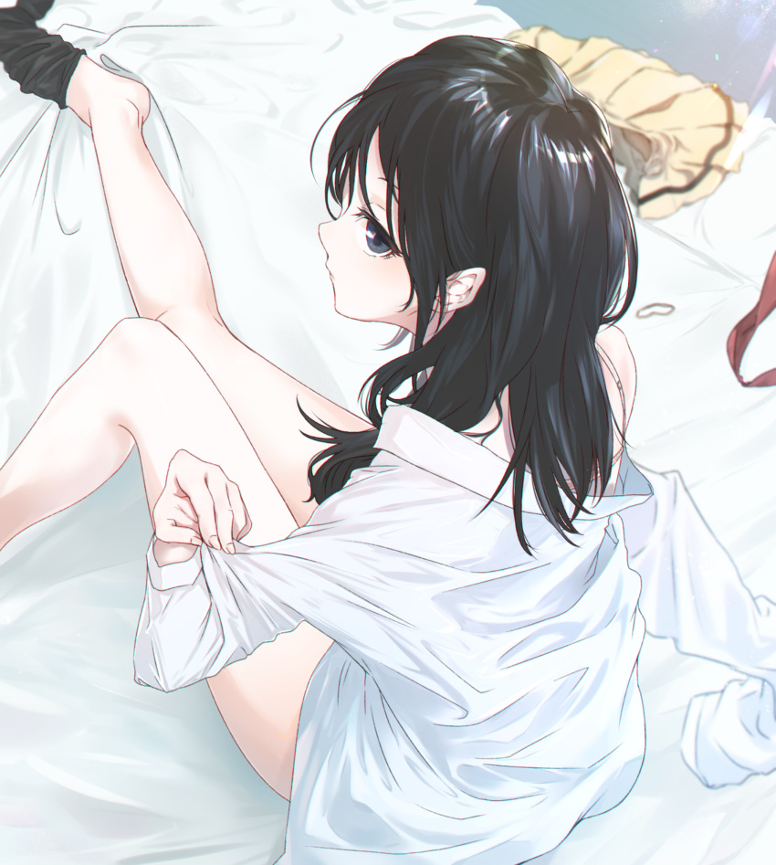 1girl bed bed_sheet bedroom black_eyes black_hair bra commentary dress_shirt hair_ornament_removed hair_tie highres lingerie long_hair looking_at_viewer matsunaga777 necktie necktie_removed no_pants off_shoulder open_clothes open_shirt pleated_skirt school_uniform shirt single_stripe skinny skirt skirt_removed sock_dangle socks_removed solo tamura_yuri thighs underwear watashi_ga_motenai_no_wa_dou_kangaetemo_omaera_ga_warui! white_shirt