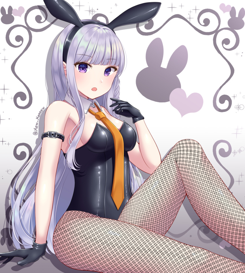 1girl alternate_costume animal_print artist_request bare_arms bare_shoulders black_gloves braid breasts bunny_hair_ornament bunny_print bunnysuit commentary_request dangan_ronpa dangan_ronpa_1 dot_nose eyebrows_visible_through_hair fishnet_legwear fishnet_pantyhose fishnets from_side gloves hair_ornament heart heart_print highres kirigiri_kyouko long_hair looking_at_viewer medium_breasts nabekokoa necktie orange_neckwear pantyhose purple_hair side_braid single_braid sitting solo violet_eyes