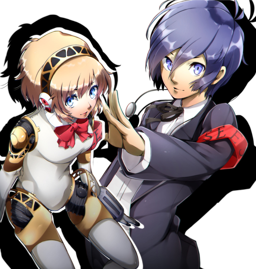 1boy 1girl absurdres aegis_(persona) antenna_hair armband black_ribbon blazer blonde_hair blue_eyes blue_hair bow bowtie dress_shirt hair_between_eyes hairband highres imo_(evekelu-111) jacket long_sleeves looking_at_viewer neck_ribbon persona persona_3 red_bow red_neckwear ribbon shiny shiny_hair shirt short_hair simple_background smile white_background white_shirt yuuki_makoto