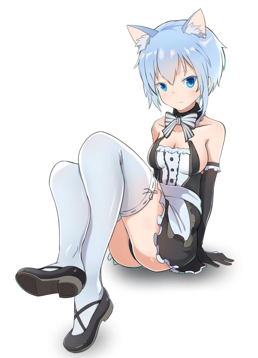 1girl alice_gear_aegis animal_ear_fluff animal_ears bare_shoulders blue_eyes blue_hair bow cat_ears commentary detached_collar elbow_gloves frills gloves highres looking_at_viewer maid mary_janes nina_kalinina nraib panties pantyshot shoes short_hair sitting solo thigh-highs underwear white_background white_legwear