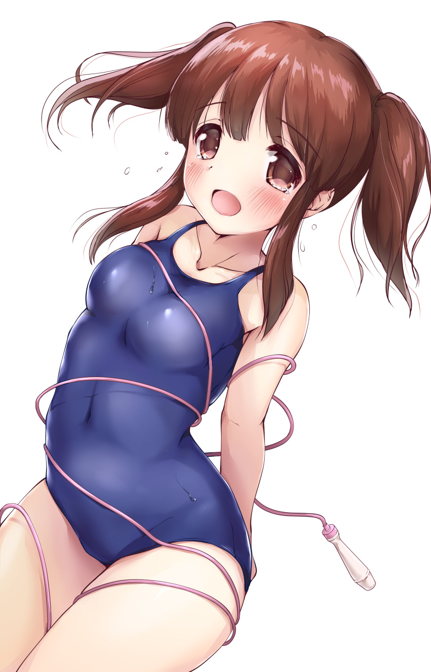 1girl absurdres bare_arms bare_shoulders blue_swimsuit blush bound breasts brown_eyes brown_hair collarbone commentary_request highres idolmaster idolmaster_cinderella_girls jump_rope kuroba_aki long_hair looking_at_viewer medium_breasts ogata_chieri one-piece_swimsuit open_mouth school_swimsuit sidelocks simple_background solo swimsuit tears tied_up twintails wet white_background