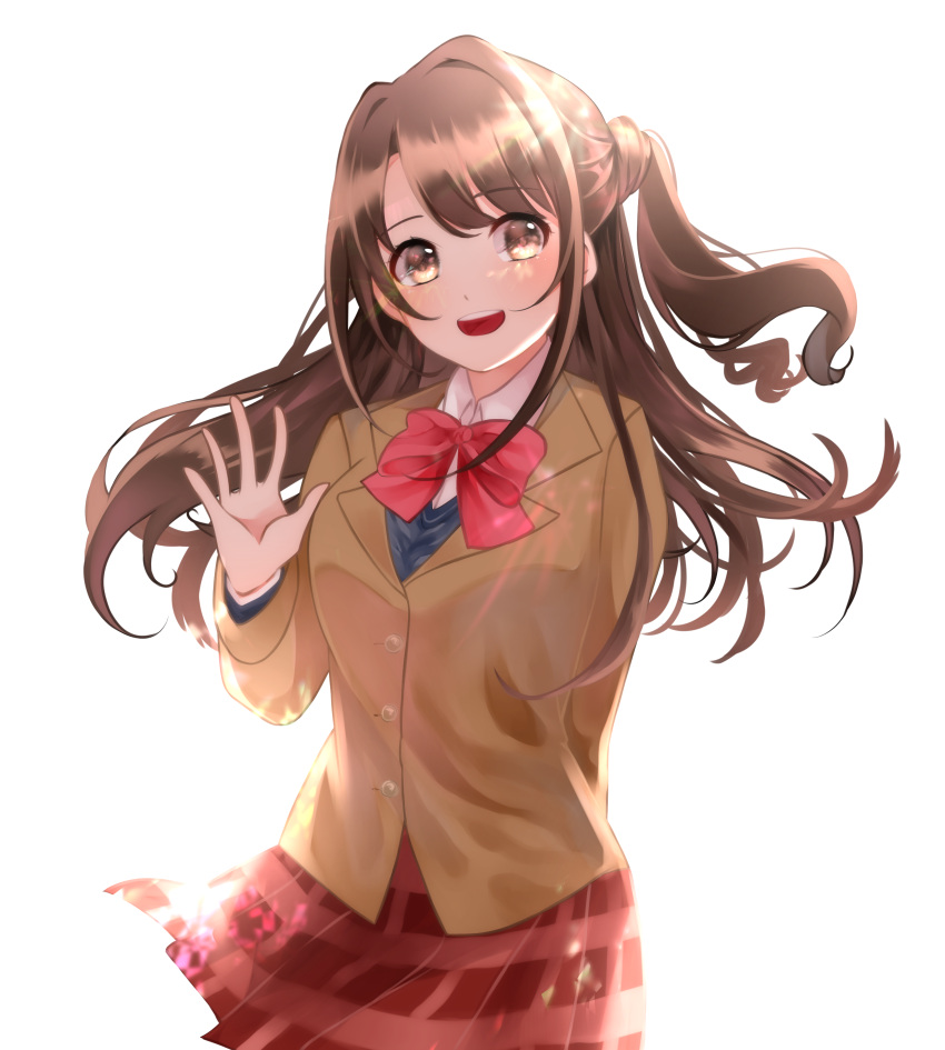 1girl :d absurdres arm_behind_back blue_sweater bow bowtie brown_eyes brown_hair brown_jacket collared_shirt cowboy_shot floating_hair haruno_(haruno_na) highres idolmaster idolmaster_cinderella_girls idolmaster_cinderella_girls_starlight_stage jacket long_hair long_sleeves looking_at_viewer miniskirt open_mouth plaid plaid_skirt pleated_skirt red_bow red_neckwear red_skirt school_uniform shimamura_uzuki shirt side_ponytail simple_background skirt smile solo standing sweater tied_hair very_long_hair white_background white_shirt wing_collar