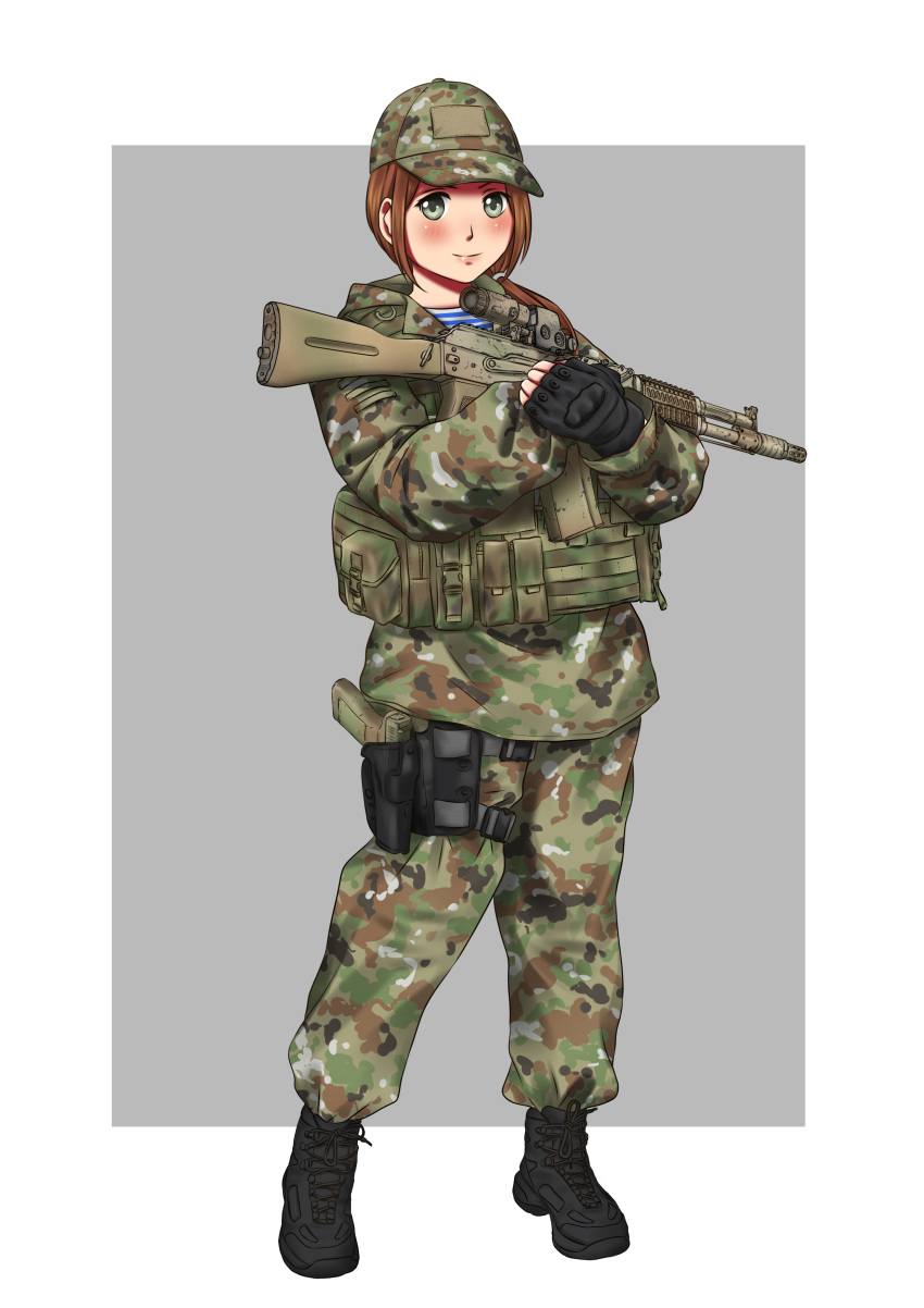 1girl absurdres ak-105 army assault_rifle baseball_cap brown_hair camouflage commentary english_commentary fingerless_gloves full_body glock gloves green_eyes gun handgun hat highres holster holstered_weapon load_bearing_vest looking_at_viewer military millimeter original pistol ponytail rifle russia shirt simple_background solo striped striped_shirt thigh_holster weapon