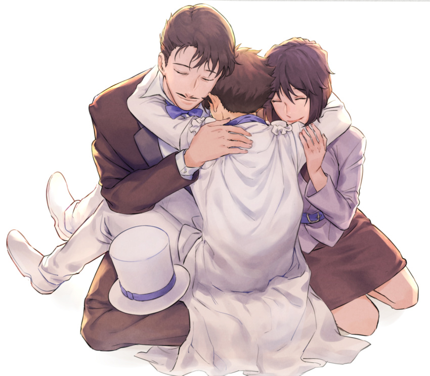 1girl 2boys black_hair bow bowtie brown_hair cape closed_eyes dashi_(minzoku_gb) family father_and_son formal group_hug hat highres hug husband_and_wife kaitou_kid kuroba_chikage kuroba_kaito kuroba_toichi long_sleeves magic_kaito meitantei_conan mother_and_son multiple_boys short_hair smile suit top_hat