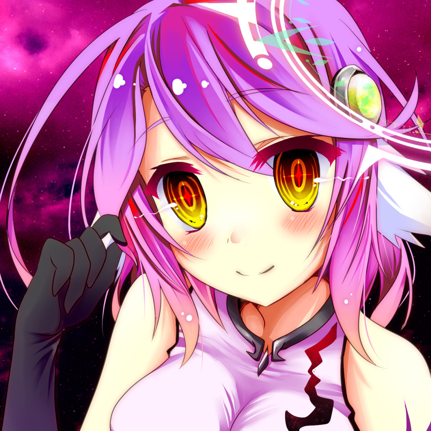 1girl blush breasts closed_mouth cross gloves gradient_eyes gradient_hair halo highres jibril_(no_game_no_life) large_breasts long_hair looking_at_viewer magic_circle mimi0846 multicolored multicolored_eyes multicolored_hair no_game_no_life orange_eyes pink_hair smile solo symbol-shaped_pupils tattoo wing_ears yellow_eyes