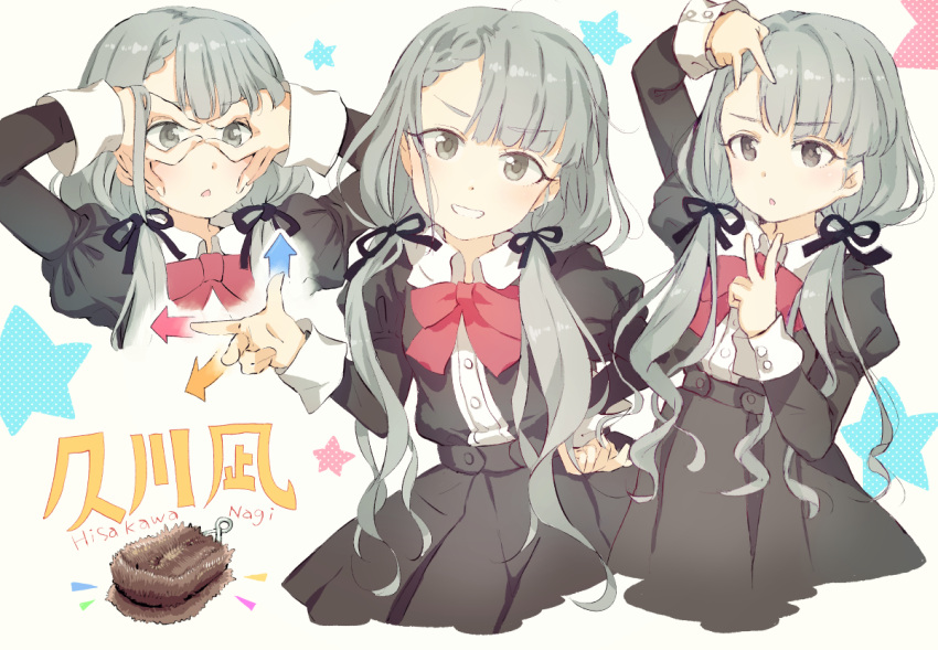 1girl bangs black_bow black_dress black_ribbon blunt_bangs blush bow braid brown_eyes brush character_name chestnut_mouth commentary_request double_v dress eyebrows_visible_through_hair gomennasai grey_hair hair_ribbon hisakawa_nagi idolmaster idolmaster_cinderella_girls idolmaster_cinderella_girls_starlight_stage long_hair long_sleeves low_twintails open_mouth pose ribbon right-hand_rule single_braid smile star twintails v