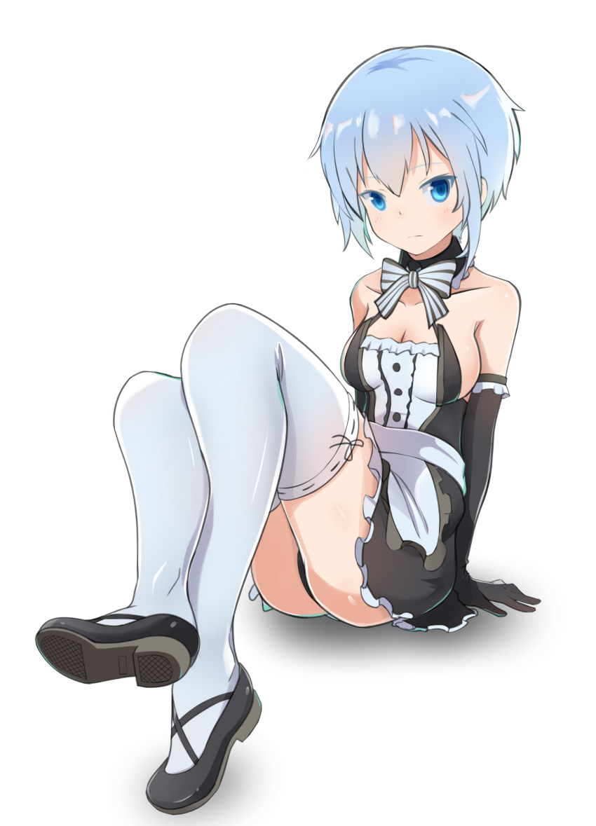 1girl alice_gear_aegis bare_shoulders blue_eyes blue_hair bow detached_collar elbow_gloves frills gloves highres looking_at_viewer maid mary_janes nina_kalinina nraib panties pantyshot shoes short_hair sitting solo thigh-highs underwear white_background white_legwear
