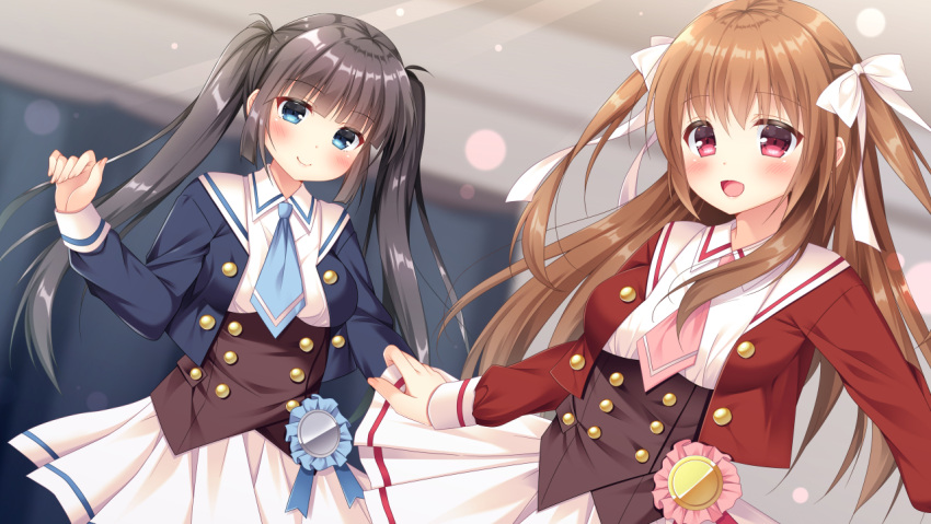 2girls :d bangs blue_eyes blue_jacket blue_neckwear blurry blurry_background blush bow brown_hair closed_mouth collared_shirt commentary_request depth_of_field eyebrows_visible_through_hair fingernails fujikura_ryuune hair_between_eyes hair_bow jacket long_hair long_sleeves multiple_girls open_mouth original pink_neckwear pleated_skirt red_eyes red_jacket shirt skirt skirt_hold smile twintails two_side_up underbust very_long_hair white_bow white_shirt white_skirt