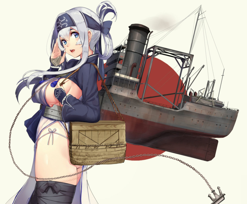 1girl ainu ainu_clothes akasaai anchor bag bandage bandanna black_legwear blue_eyes blue_hair boots breasts character_request circle commentary_request copyright_request crate cropped_jacket dress eyebrows_visible_through_hair folded_ponytail from_side hair_between_eyes hair_ornament hairband headband highres japanese_flag kamoi_(kantai_collection) kantai_collection long_hair multicolored_hair panties pelvic_curtain red_circle ship side-tie_panties sideboob sidelocks simple_background sleeveless sleeveless_dress solo thick_eyebrows thigh-highs thigh_boots underwear upper_teeth watercraft white_dress white_hair wrist_guards