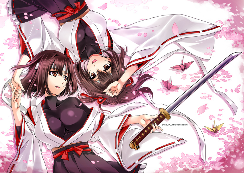 breasts brown_eyes brown_hair commentary_request hachimaki hair_ribbon headband holding holding_sword holding_weapon hyuuga_(kantai_collection) ise_(kantai_collection) kanna_(plum) kantai_collection katana large_breasts lying nontraditional_miko off_shoulder on_back open_mouth origami paper_crane ponytail remodel_(kantai_collection) ribbon short_hair skin_tight smile sword undershirt weapon
