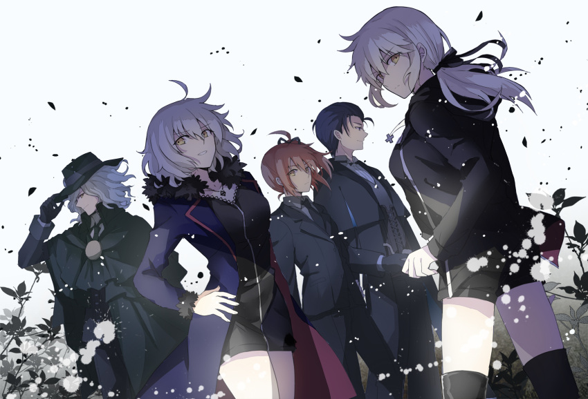 2boys 3girls adjusting_clothes adjusting_hat ahoge artoria_pendragon_(all) black_coat black_dress black_gloves black_hair black_headwear black_jacket black_neckwear black_pants black_ribbon black_shorts blue_coat brown_hair cloak commentary_request dress dutch_angle edmond_dantes_(fate/grand_order) eyebrows_visible_through_hair fate/grand_order fate_(series) fedora formal fujimaru_ritsuka_(female) fur-trimmed_jacket fur-trimmed_sleeves fur_trim gloves hair_ribbon hand_on_hip hat highres jacket jeanne_d'arc_(alter)_(fate) jeanne_d'arc_(fate)_(all) jewelry lazy_orange long_hair long_sleeves low_ponytail multiple_boys multiple_girls necktie pant_suit pants pendant pipe ponytail ribbon saber_alter saber_alter_costume_ver._shinjuku_1999 sherlock_holmes_(fate/grand_order) short_hair short_shorts shorts smile suit wavy_hair white_background white_hair wicked_dragon_witch_ver._shinjuku_1999 yellow_eyes