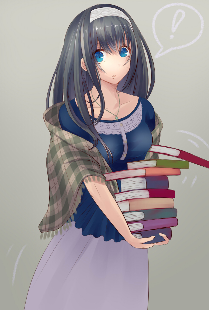 ! 1girl black_hair blue_eyes blue_shirt collarbone grey_background grey_skirt hairband highres holding idolmaster idolmaster_cinderella_girls jewelry long_hair looking_at_viewer necklace plaid plaid_sash sagisawa_fumika sash shirt skirt solo speech_bubble standing sterilizedgauze-qhx white_hairband