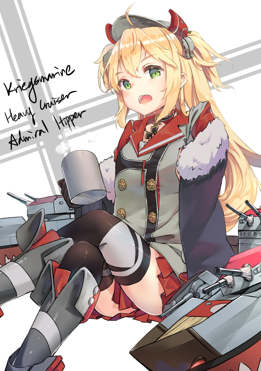 1girl absurdres admiral_hipper_(azur_lane) ahoge azur_lane bangs blonde_hair breasts eyebrows_visible_through_hair green_eyes hair_between_eyes hat headgear highres iron_cross long_hair looking_at_viewer open_mouth rigging solo thigh-highs two_side_up wittmann_(ehvr8373)