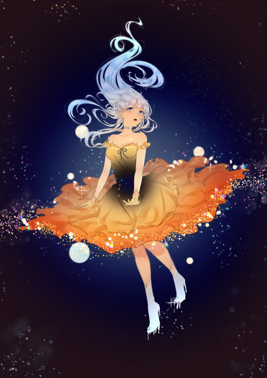 1girl absurdres blue_eyes dress gloves gradient_hair highres long_hair m87_black_hole multicolored_hair open_mouth original personification samsafe space star_(sky)