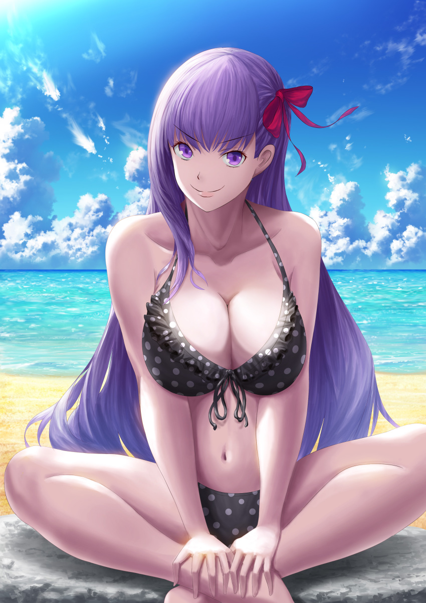 1girl absurdres bb_(fate)_(all) bb_(fate/extra_ccc) beach bikini blue_sky breasts cleavage clouds fate/grand_order fate_(series) frilled_bikini frills front-tie_bikini front-tie_top fujifuji924 highres horizon indian_style large_breasts long_hair navel ocean purple_hair red_ribbon ribbon sitting sky smile solo swimsuit v_arms violet_eyes