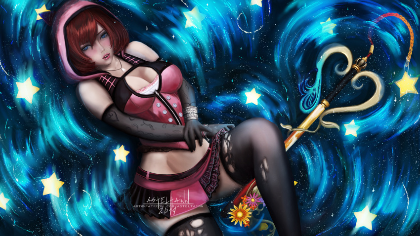 1girl afloat anastasia_(asteltainn) artist_name bare_shoulders black_gloves black_legwear blue_eyes breasts cleavage cleavage_cutout comic_lo commentary detached_sleeves elbow_gloves flower gloves hair_between_eyes highres hod hood hood_up jewelry kairi_(kingdom_hearts) keyblade kingdom_hearts kingdom_hearts_iii looking_at_viewer medium_breasts midriff miniskirt necklace older parted_lips partially_submerged redhead short_hair signature skirt solo star thigh-highs torn_clothes torn_legwear