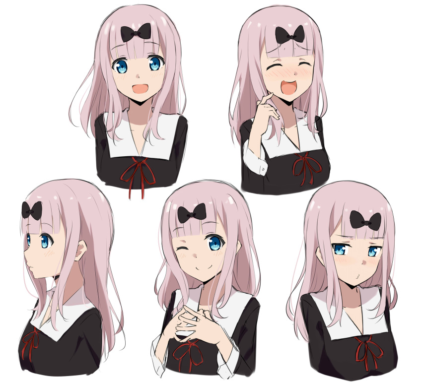 1girl :d ;) ^_^ absurdres bangs black_bow black_dress blue_eyes blunt_bangs blush bow closed_eyes closed_eyes collarbone collared_dress commentary_request cropped_torso dress eyebrows_visible_through_hair fujiwara_chika hair_bow head_tilt highres kaguya-sama_wa_kokurasetai_~tensai-tachi_no_renai_zunousen~ kohakope looking_at_viewer looking_away multiple_views neck_ribbon nose_blush one_eye_closed open_mouth parted_lips pink_hair pouty_lips red_ribbon ribbon school_uniform simple_background smile steepled_fingers upper_body white_background