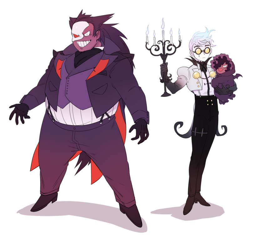 3boys :d baby black_footwear black_gloves black_hair black_pants carrying chandelure creatures_(company) dark_skin dark_skinned_male fang fat game_freak gastly gen_1_pokemon gen_5_pokemon gengar glasses gloves gradient_hair grin hair_over_one_eye long_hair long_sleeves looking_at_viewer male_focus mask multicolored_hair multiple_boys nintendo nyaph open_mouth pants personification pokemon purple_pants purple_vest shoes simple_background smile standing tinted_eyewear vest white_background white_hair wings