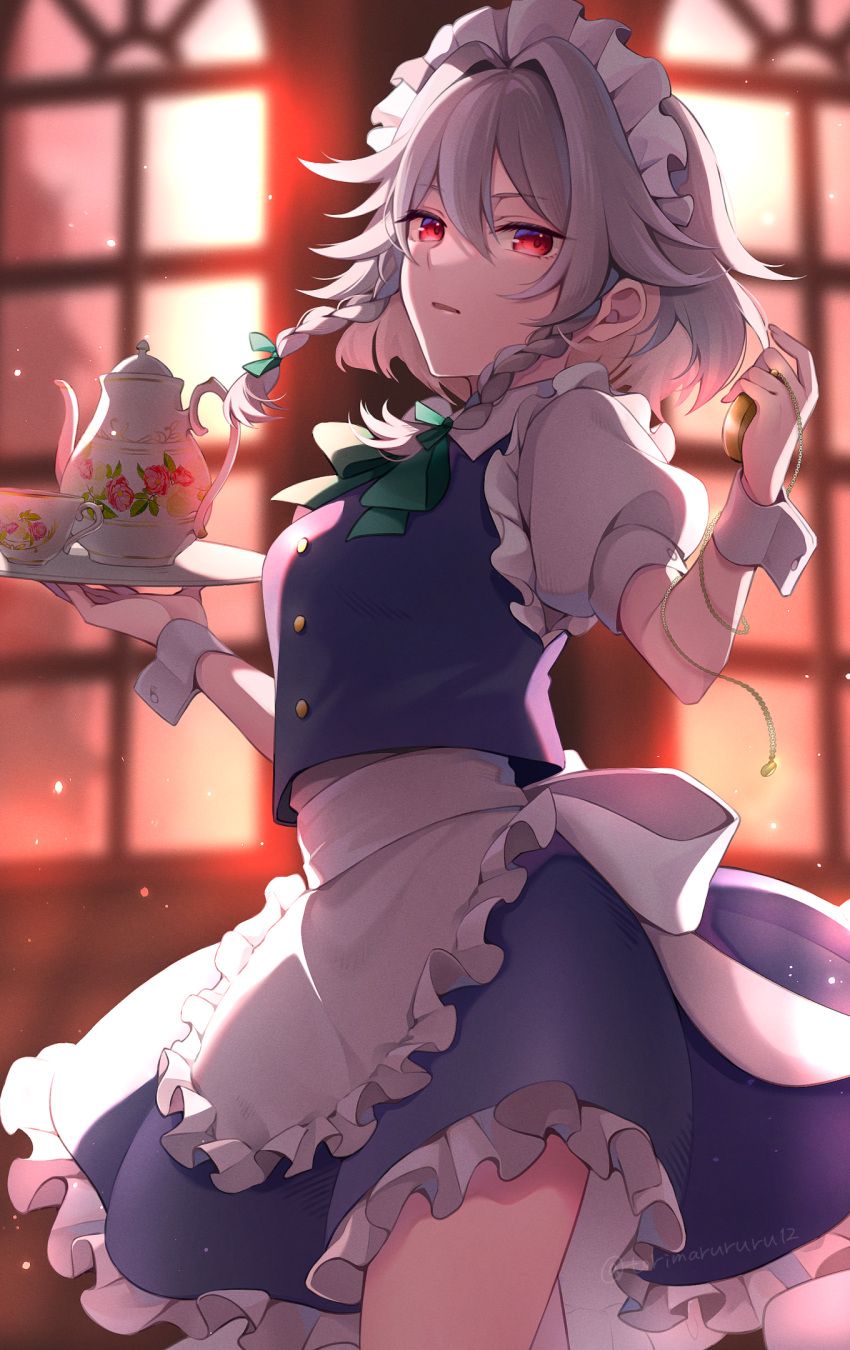 1girl apron bangs blue_skirt blue_vest blurry blurry_background bow braid buttons collared_shirt cup frilled_apron frilled_skirt frills green_bow grey_hair hair_between_eyes hair_bow highres holding izayoi_sakuya maid maid_apron maid_headdress open_mouth puffy_short_sleeves puffy_sleeves red_eyes shirt short_hair short_sleeves skirt solo torimarururu touhou twin_braids twitter_username vest waist_apron white_apron white_shirt wrist_cuffs