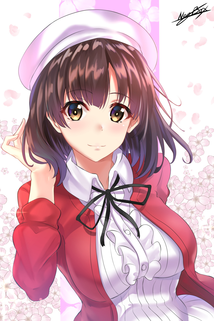 1girl absurdres bangs beret black_ribbon breasts brown_eyes brown_hair cherry_blossoms closed_mouth collared_shirt dress_shirt eyebrows_visible_through_hair hat highres katou_megumi large_breasts looking_at_viewer nez-kun red_cardigan ribbon saenai_heroine_no_sodatekata shirt smile white_headwear white_shirt