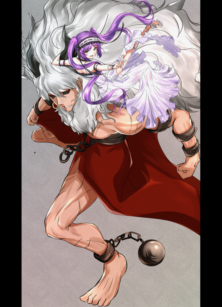 1boy 1girl :d arm_strap asterios_(fate/grand_order) bracelet clenched_teeth daisu dress euryale fate/grand_order fate_(series) floating_hair grey_background hairband highres horns jewelry lolita_hairband long_dress long_hair open_mouth outstretched_arm purple_hair red_skirt side_slit silver_hair skirt sleeveless sleeveless_dress smile teeth thigh_strap twintails very_long_hair violet_eyes white_dress