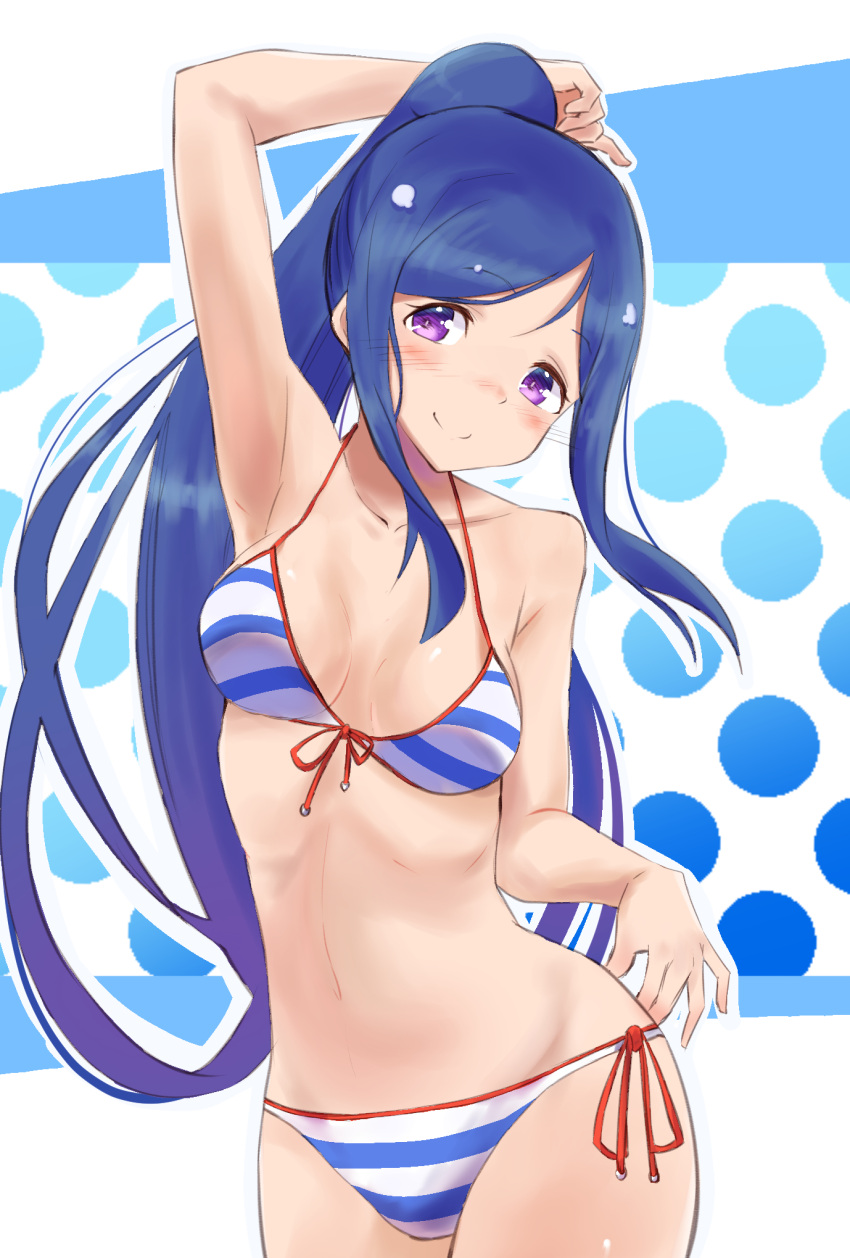 1girl arms_up bikini blue_hair breasts commentary_request cowboy_shot front-tie_top highres long_hair looking_at_viewer love_live! love_live!_sunshine!! matsuura_kanan medium_breasts nakami_cheese polka_dot polka_dot_background ponytail purple_hair side-tie_bikini sidelocks smile solo striped striped_bikini swimsuit two-tone_background violet_eyes