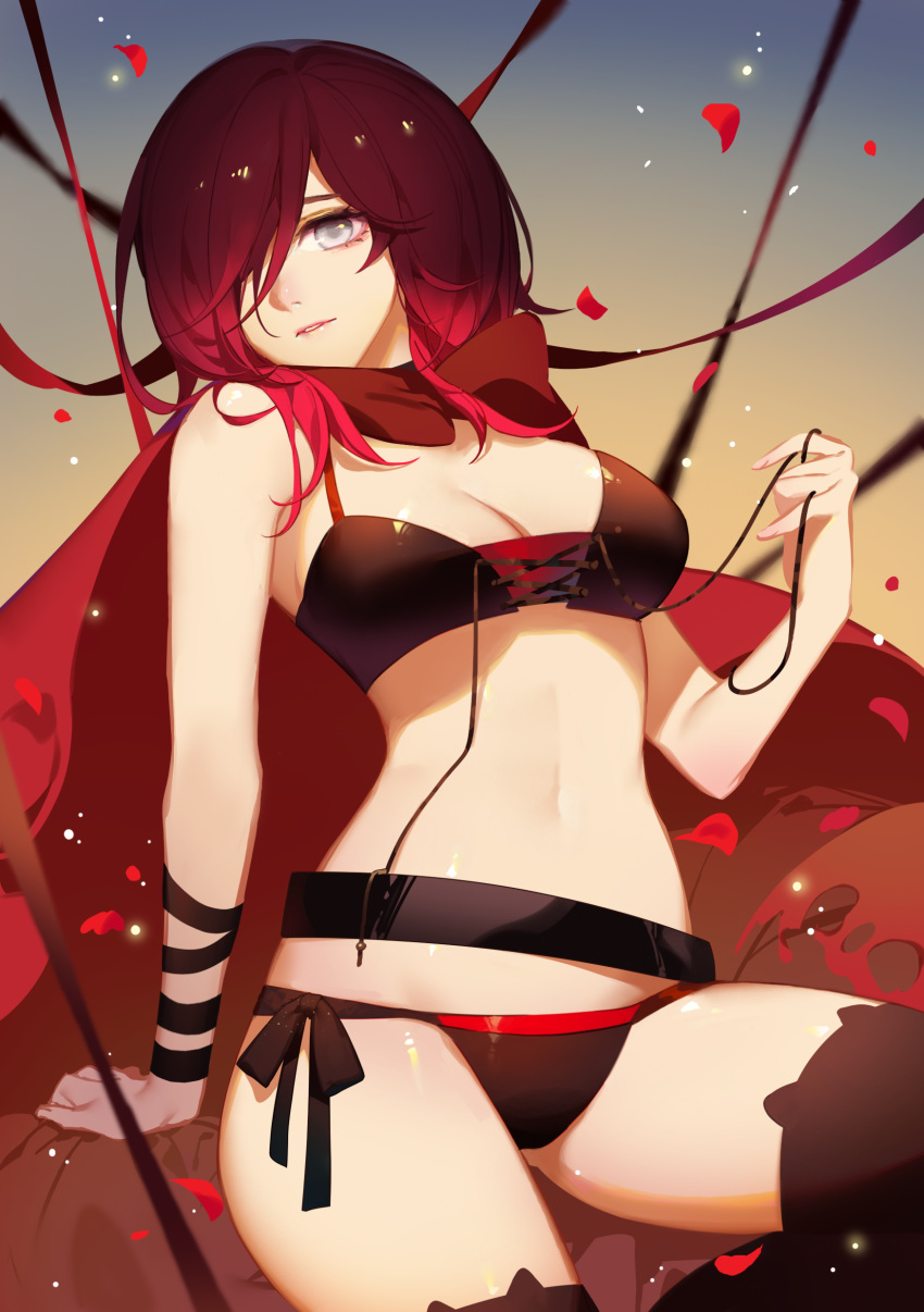 1girl absurdres animal_band_legwear belt black_hair bra breasts cape cat_band_legwear cleavage gluteal_fold grey_eyes hair_over_one_eye highres lips medium_breasts multicolored_hair navel paid_reward panties parted_lips patreon_reward petals red_cape redhead rose_petals ruby_rose rwby short_hair side-tie_panties solo songjikyo thighs underwear underwear_only