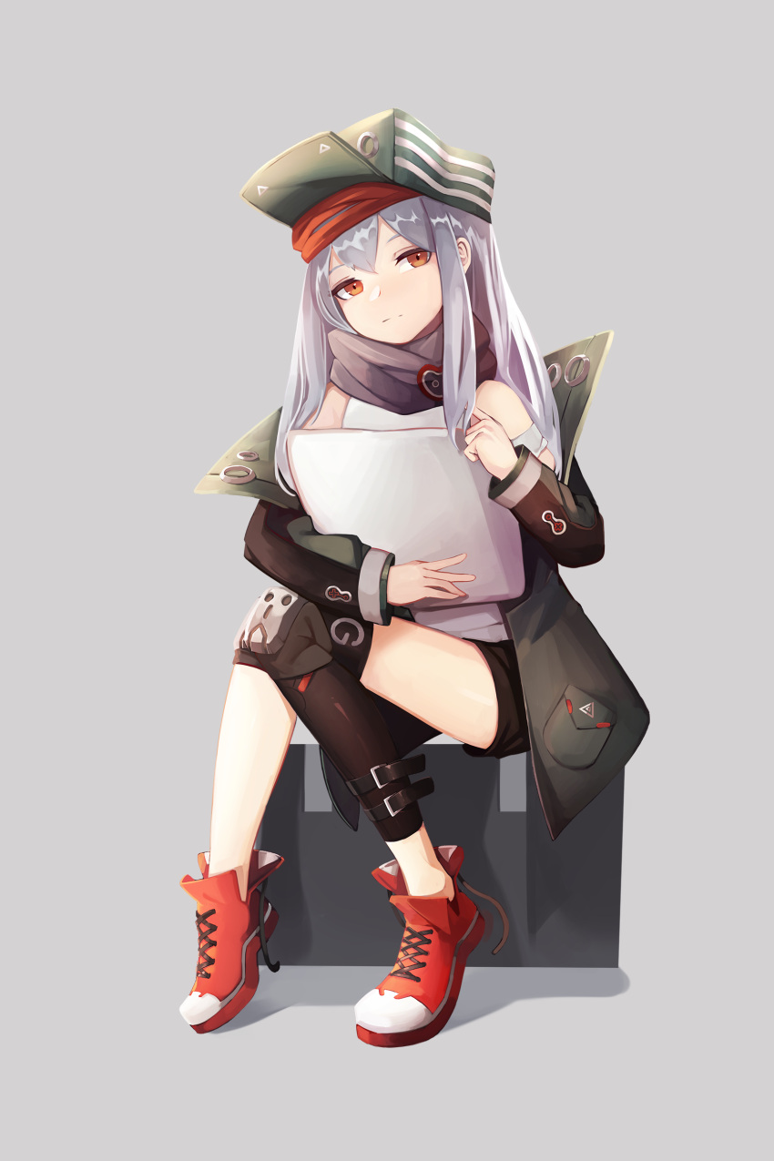 1girl absurdres anizi_(anizi9621) bangs bare_shoulders black_shorts brown_eyes commentary g11_(girls_frontline) girls_frontline green_headwear grey_background hair_between_eyes hat highres holding jacket long_hair long_sleeves looking_at_viewer mismatched_legwear off_shoulder red_footwear shirt shoes short_shorts shorts silver_hair simple_background sitting solo