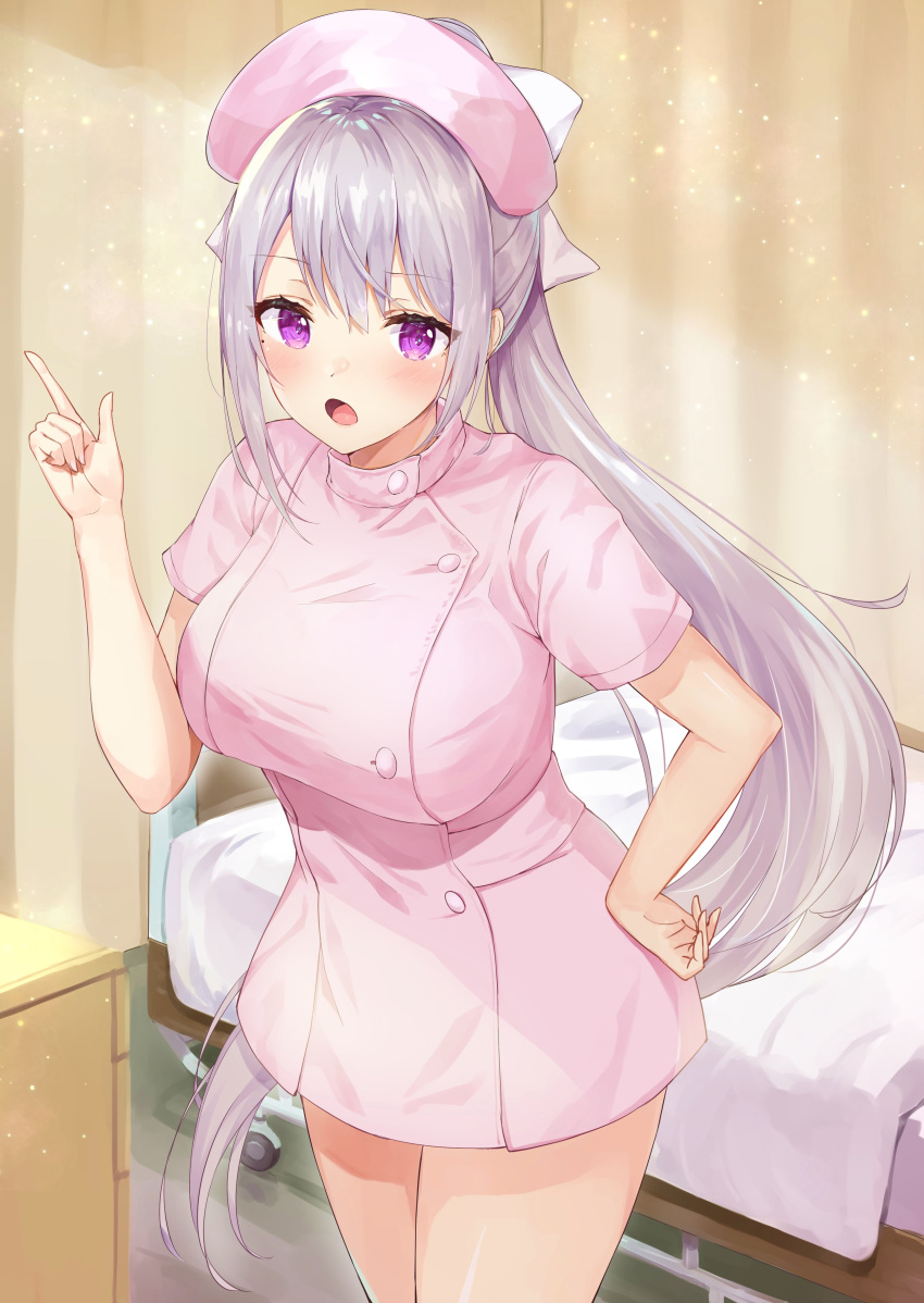 1girl :o absurdres alternate_costume bangs bed blush bow breasts commentary dress eyebrows_visible_through_hair hair_between_eyes hair_bow hand_on_hip hand_up hat high_ponytail highres higuchi_kaede hospital_bed index_finger_raised indoors large_breasts long_hair looking_at_viewer nijisanji nurse_cap open_mouth pink_dress pink_headwear ponytail racchi. short_dress short_sleeves sidelocks silver_hair solo standing very_long_hair violet_eyes virtual_youtuber white_bow