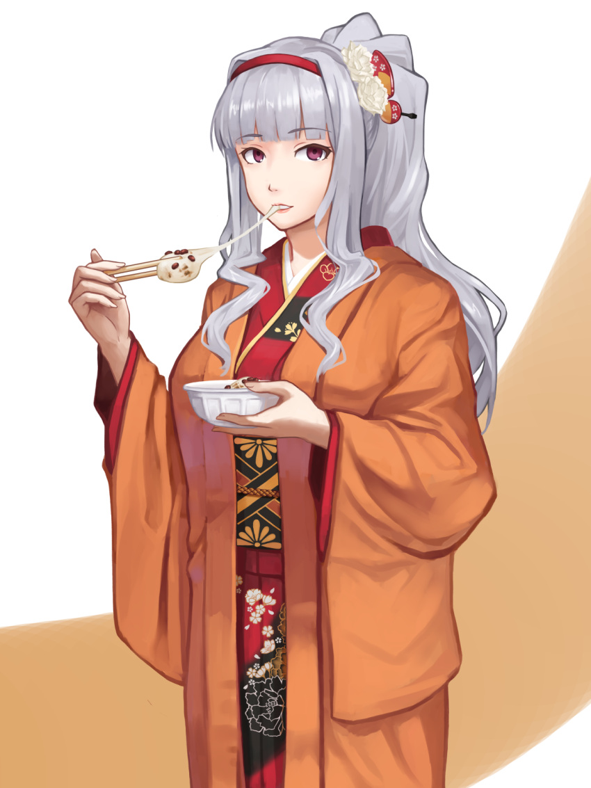 1girl bowl chopsticks eating eyebrows_visible_through_hair floral_print flower hair_flower hair_ornament hairband highres holding idolmaster idolmaster_(classic) japanese_clothes kimono long_hair long_sleeves looking_at_viewer mikado_(winters) parted_lips ponytail red_eyes shijou_takane shiruko_(food) silver_hair solo wide_sleeves