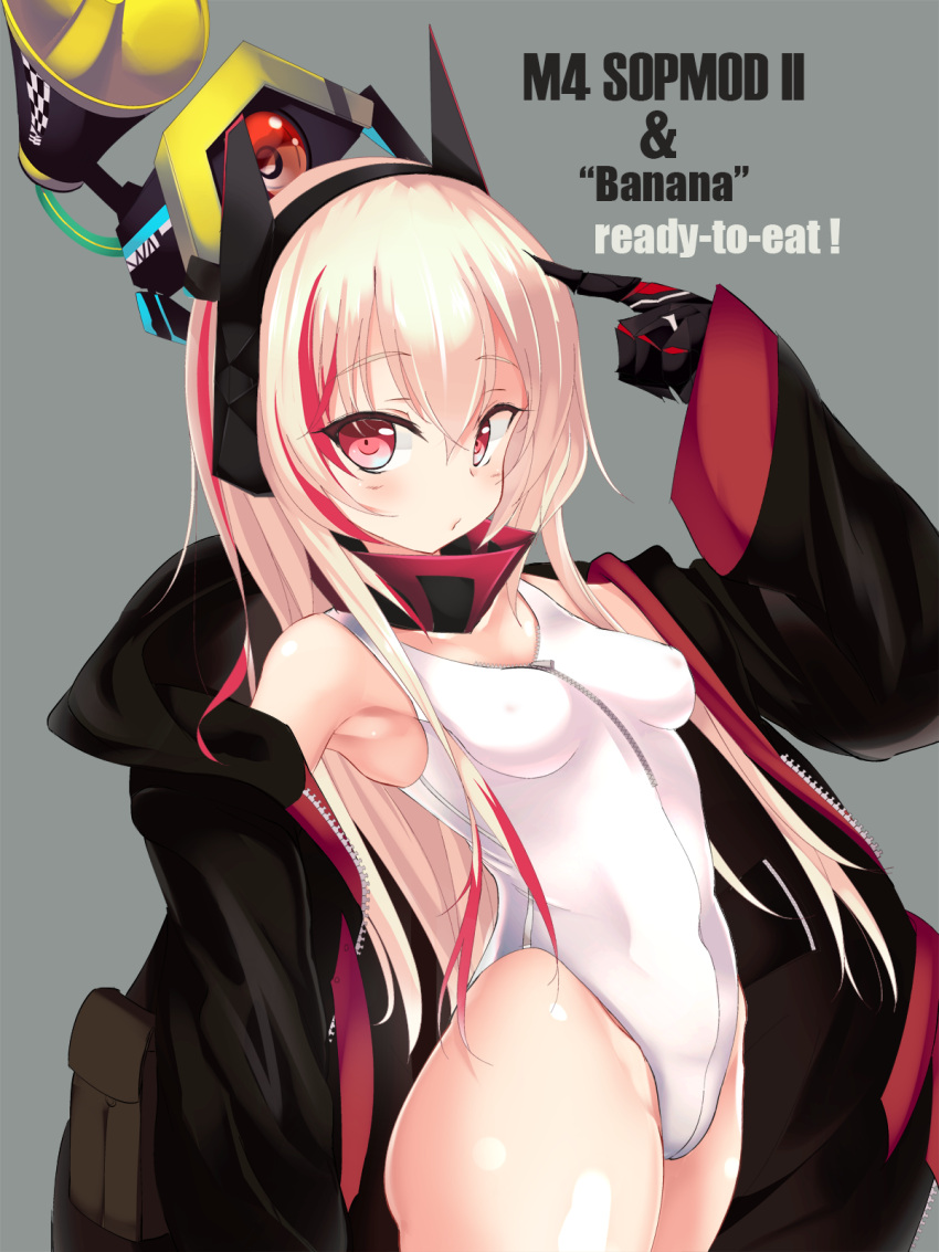 1girl black_coat blonde_hair blush breasts character_name competition_swimsuit cowboy_shot eila_yagyu erect_nipples girls_frontline grey_background headgear highres hood hooded_coat hoodie long_hair looking_at_viewer m4_sopmod_ii_(girls_frontline) mechanical_arm medium_breasts multicolored_hair one-piece_swimsuit pointing prosthesis prosthetic_arm red_eyes redhead simple_background solo standing streaked_hair swimsuit white_swimsuit zipper