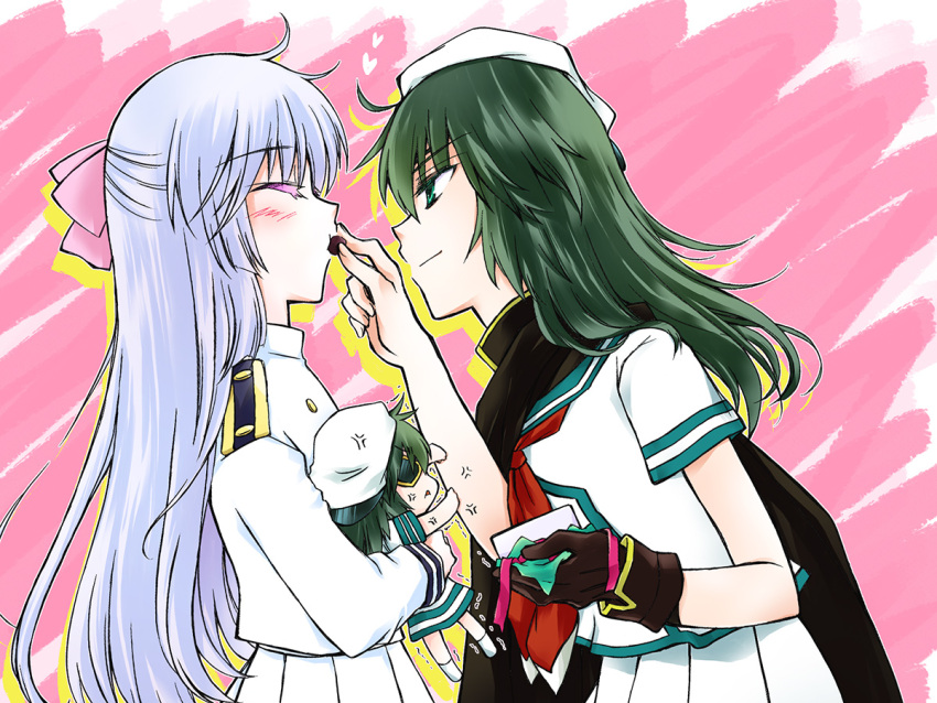 akai_senhon cape chibi chocolate eyepatch feeding female_admiral_(kantai_collection) green_eyes green_hair hat kantai_collection kiso_(kantai_collection) military military_uniform naval_uniform remodel_(kantai_collection) sailor_hat school_uniform serafuku short_hair translation_request uniform valentine white_day yuri