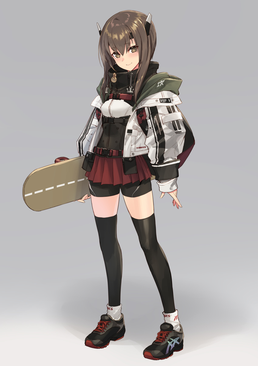1girl absurdres adapted_costume asics backpack bag bangs bike_shorts black_legwear blush brown_eyes brown_hair closed_mouth commentary_request corset eyebrows_visible_through_hair full_body grey_background hair_between_eyes headgear highres holding holding_skateboard jacket kantai_collection looking_at_viewer shoes short_hair sigm@ simple_background skateboard skirt smile sneakers socks socks_over_thighhighs solo standing taihou_(kantai_collection) thigh-highs white_jacket zettai_ryouiki