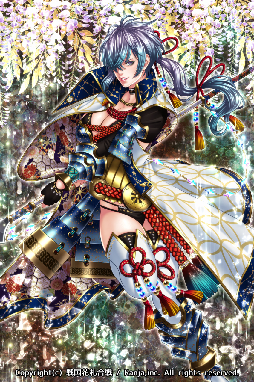 1girl breasts character_request copyright_request highres holding holding_weapon looking_at_viewer mito_amatsu multicolored_hair official_art original sengoku_hanafuda_kassen short_hair solo teeth weapon