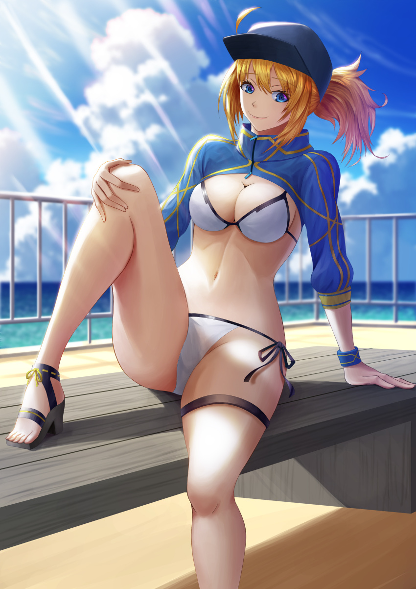 1girl absurdres arm_support artoria_pendragon_(all) baseball_cap bench bikini blonde_hair blue_eyes blue_sky breasts cleavage clouds fate/grand_order fate_(series) fujifuji924 groin hat high_heels highres horizon light_rays mysterious_heroine_xx_(foreigner) navel ocean ponytail railing shrug_(clothing) side-tie_bikini sky smile solo swimsuit thighs wristband