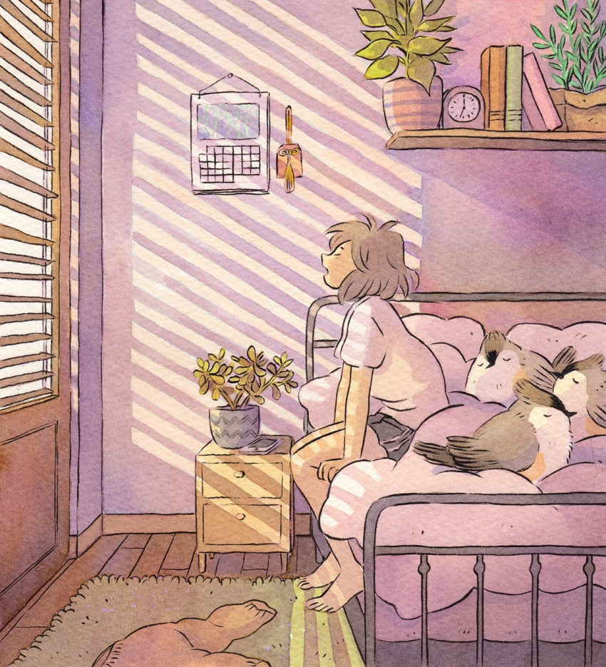 1girl barefoot bed bird blinds book brown_hair calendar_(object) cellphone clock closed_eyes drawer heikala highres medium_hair on_bed original phone pillow plant profile rug shirt short_sleeves shorts sitting sitting_on_bed solo white_shirt window yawning