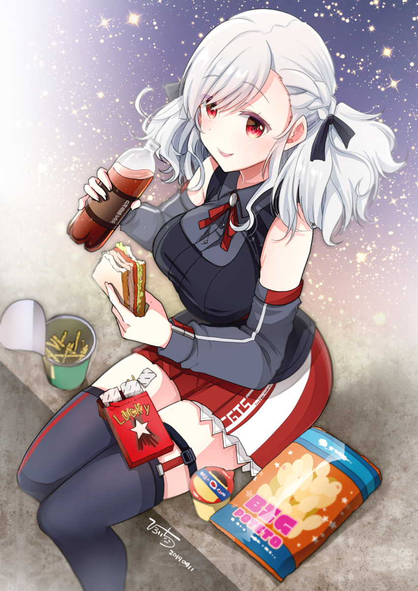 1girl bangs bare_shoulders blush breasts chips food girls_frontline hair_ornament hair_ribbon highres hiroichi large_breasts looking_at_viewer pocky potato_chips pudding red_eyes ribbon sandwich silver_hair sitting skirt smile soda soda_bottle solo spas-12_(girls_frontline) thigh-highs twintails zettai_ryouiki
