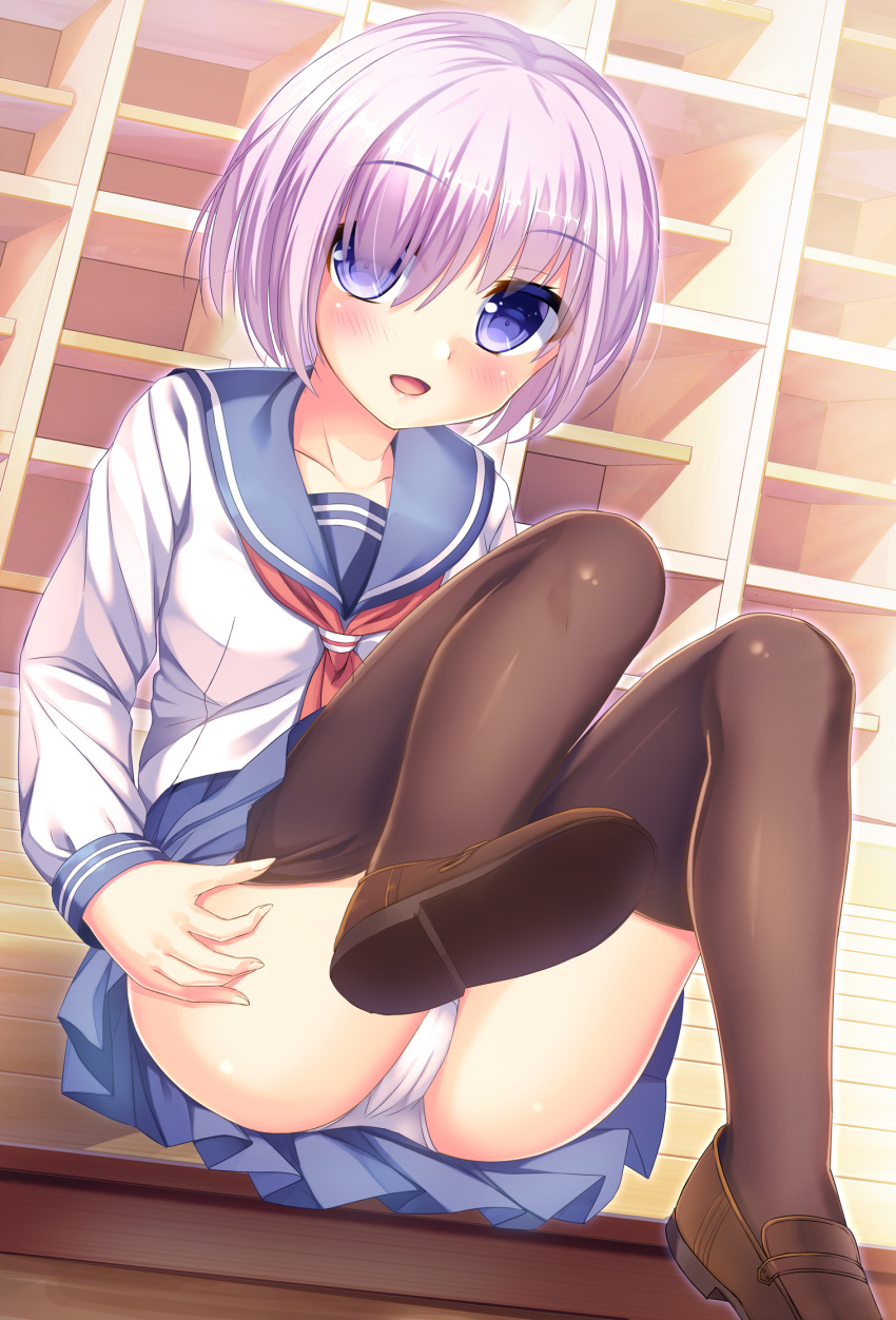 1girl :d adjusting_clothes adjusting_legwear ass bangs blue_sailor_collar blue_skirt blush brown_footwear brown_legwear collarbone commentary_request eyebrows_visible_through_hair fate/grand_order fate_(series) fingernails hair_over_one_eye highres indoors loafers looking_at_viewer mash_kyrielight neckerchief open_mouth panties pink_hair pleated_skirt red_neckwear sailor_collar shoe_soles shoes sitting skirt smile solo thigh-highs umitonakai underwear violet_eyes white_panties wooden_floor