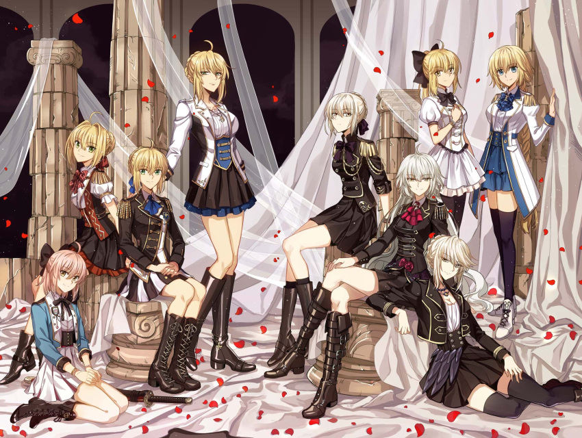 6+girls ahoge arm_support artoria_pendragon_(all) artoria_pendragon_(lancer) artoria_pendragon_(lancer_alter) ascot black_footwear black_legwear blue_eyes boots bow breasts brown_eyes cross-laced_footwear curtains fate/grand_order fate_(series) green_eyes hair_bow highres jeanne_d'arc_(alter)_(fate) jeanne_d'arc_(fate) jeanne_d'arc_(fate)_(all) jewelry katana knee_boots lace-up_boots large_breasts long_hair looking_at_viewer medium_breasts military military_uniform multiple_girls necklace nero_claudius_(fate)_(all) okita_souji_(fate)_(all) petals pillar pink_hair pose saber_alter saber_lily short_hair sidelocks silver_hair sitting skirt small_breasts smile sword thigh-highs uniform veil very_long_hair weapon yellow_eyes zerocastle zettai_ryouiki
