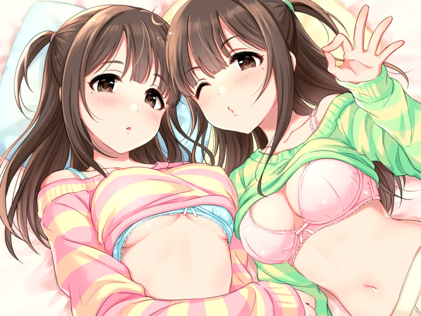 2girls artist_request blue_bra blush bow bow_bra bra breasts brown_hair cleavage long_hair long_sleeves looking_at_viewer lying medium_breasts midriff mole mole_under_eye multiple_girls navel off-shoulder_sweater off_shoulder official_art ok_sign on_back on_bed one_eye_closed open_mouth pillow pink_bra puckered_lips sabamizore shirt siblings sidelocks source_request striped striped_shirt sweater twins two_side_up under_boob underwear upper_body